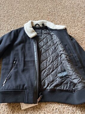 DKNY Black Bomber Jacket with Cream Sherpa Collar